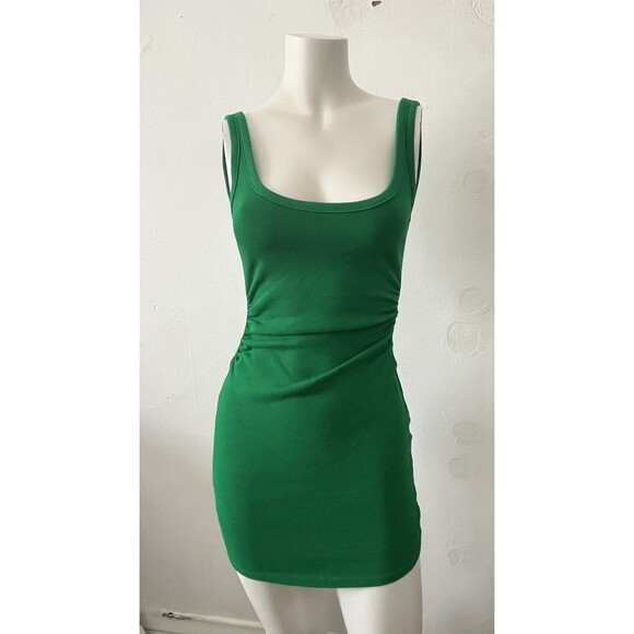 Zara Square Neck Emerald Green Tank Top Ruched Gathered Side Mini Dress medium - Picture 1 of 8